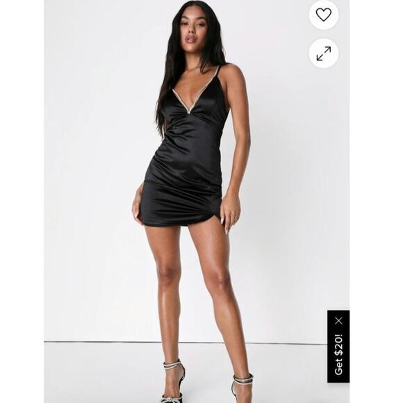 Lulus Treasured Sparkles Black Satin Rhinestone Backless Mini Dress, sz Large - Picture 3 of 16